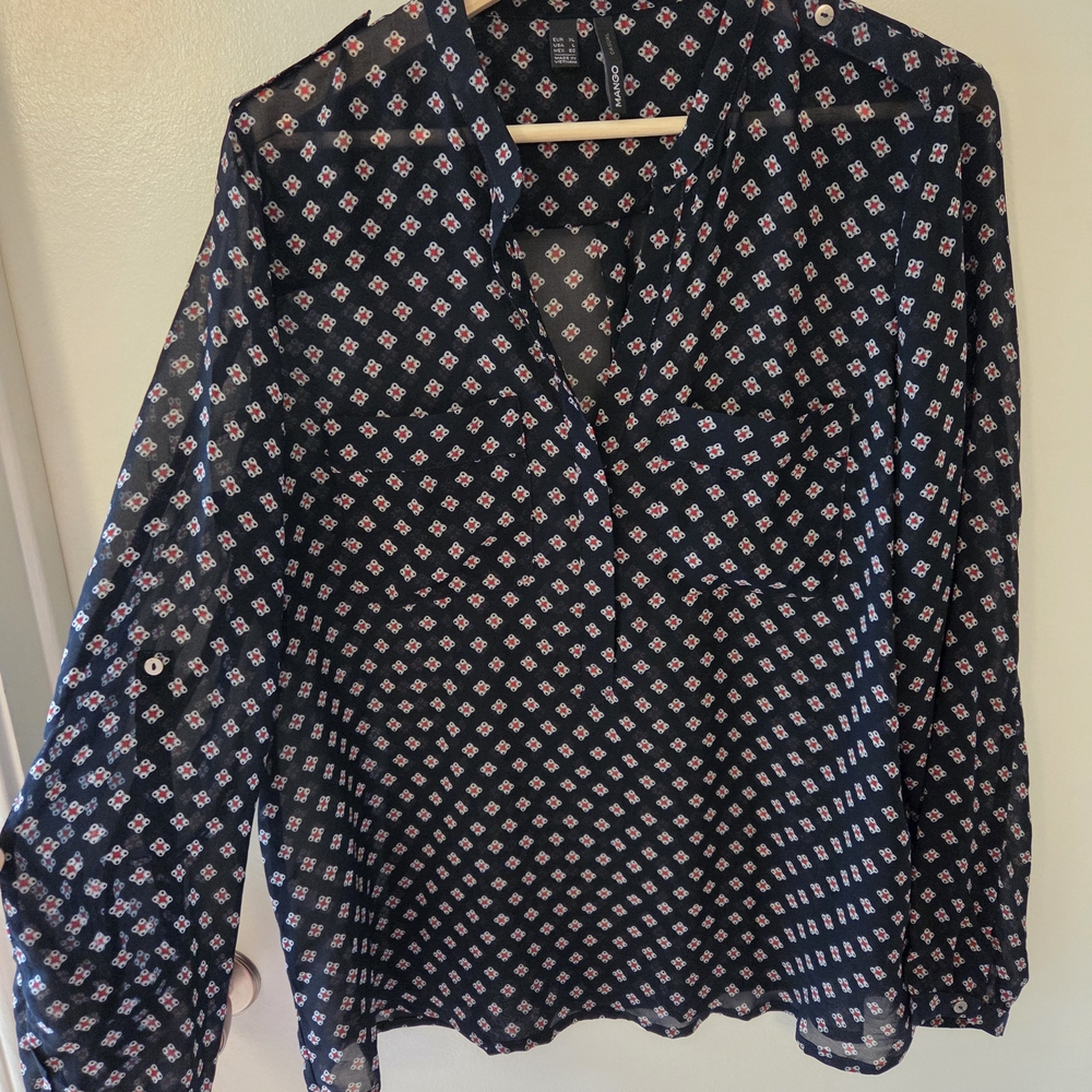 Mango Navy, Red and White Medallion Patterned Sheer Blouse US L